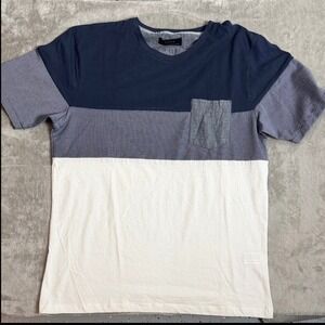 Zara T-Shirt Cotton Blend Men Large Navy White Striped Colorblock Pocket Tee